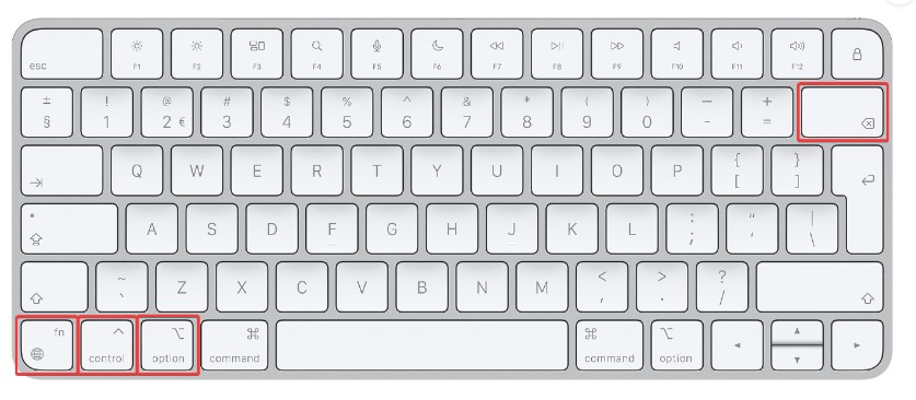 Stap 1 bij Mac book (FN+CONTROL+OPTION+BACKSPACE.)